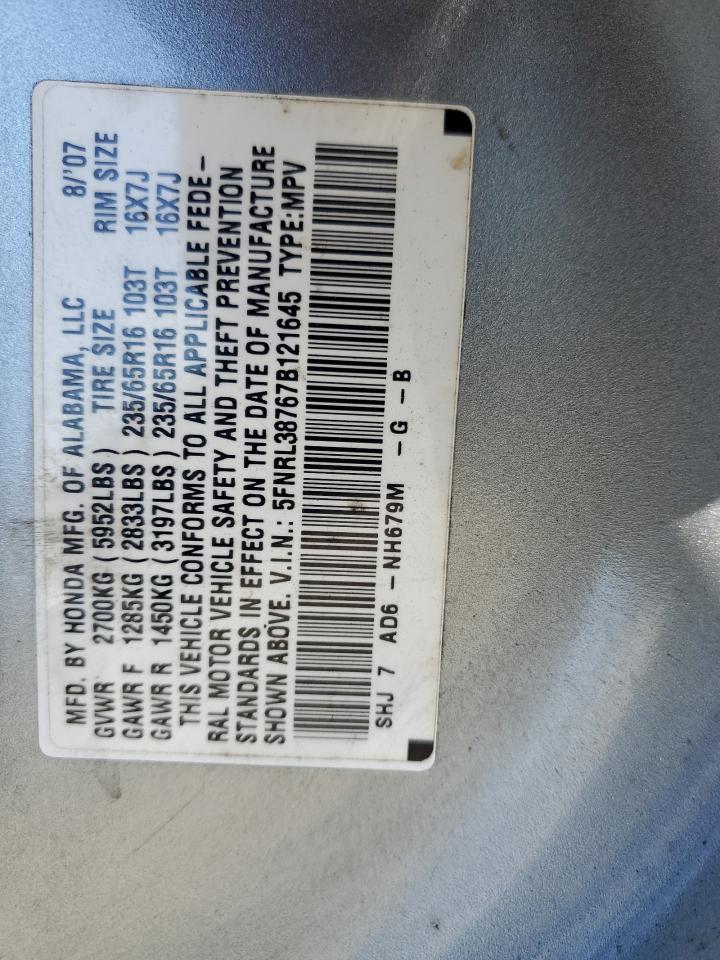 2007 Honda Odyssey Exl VIN: 5FNRL38767B121645 Lot: 87224365