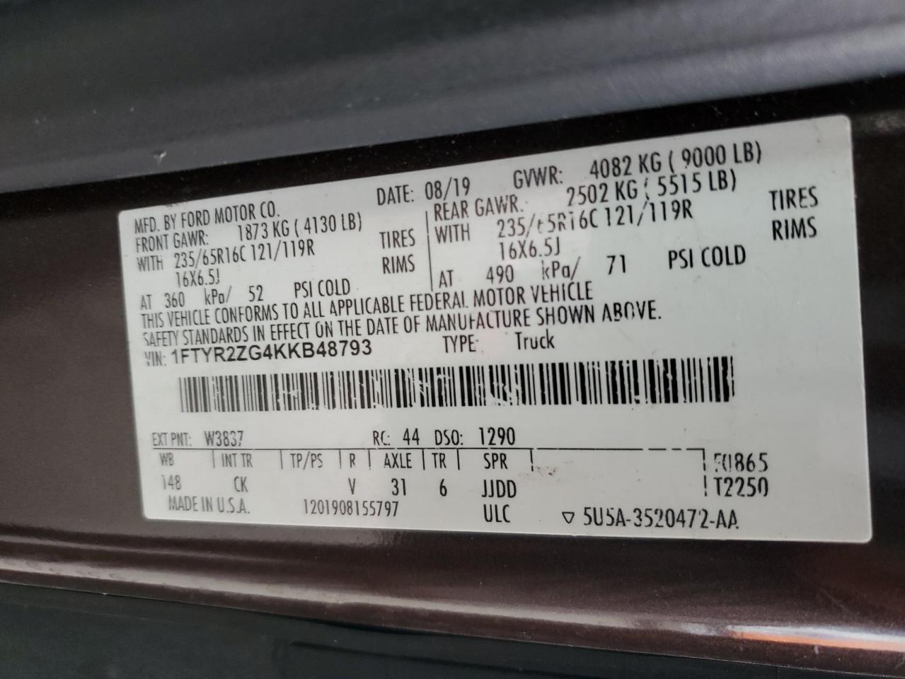 2019 Ford Transit T-250 VIN: 1FTYR2ZG4KKB48793 Lot: 90508945