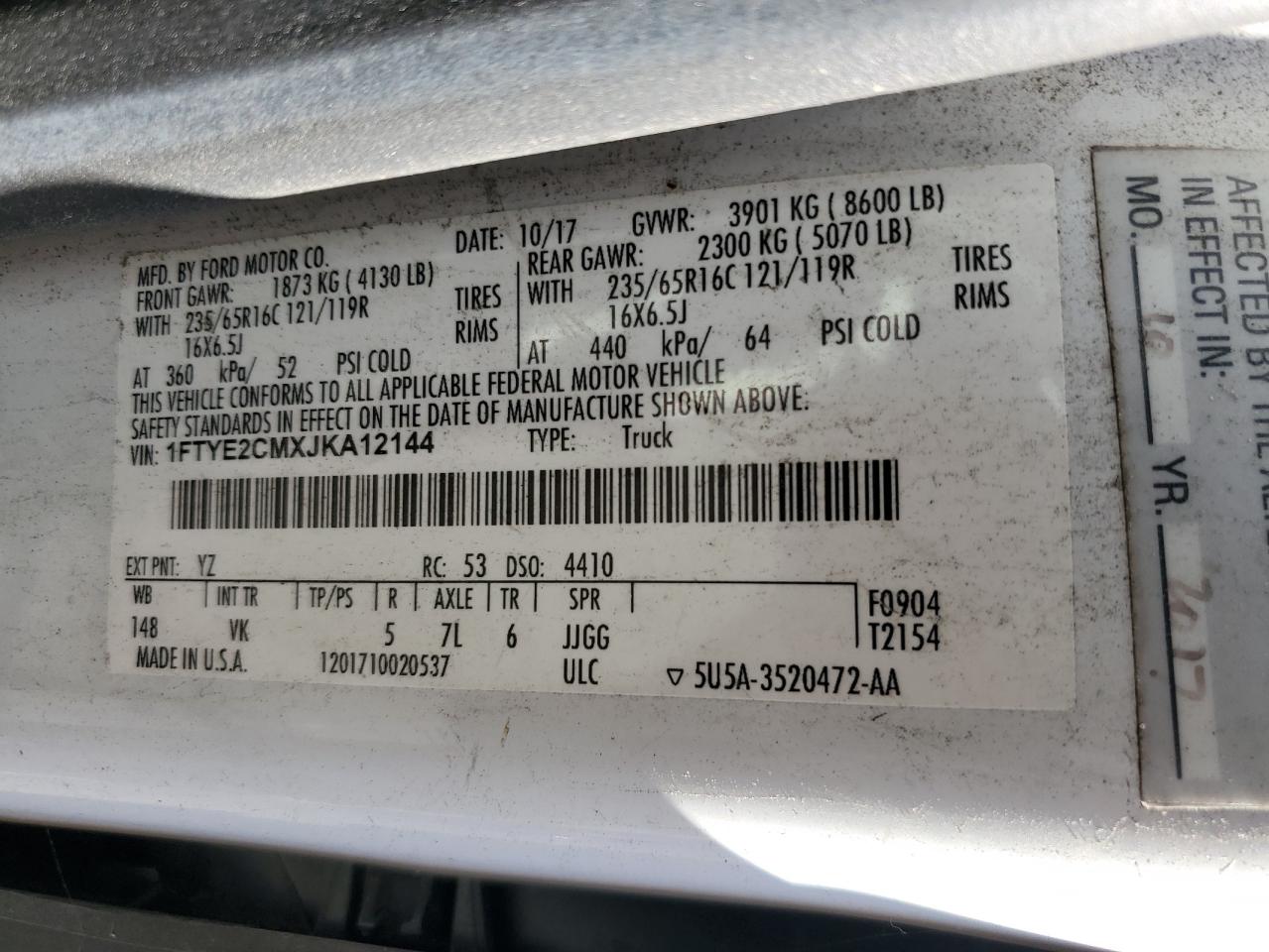 2018 Ford Transit T-150 VIN: 1FTYE2CMXJKA12144 Lot: 86290205