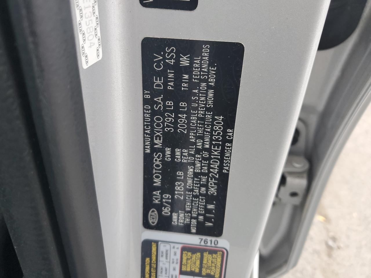 2019 Kia Forte Fe VIN: 3KPF24AD1KE135804 Lot: 90061135