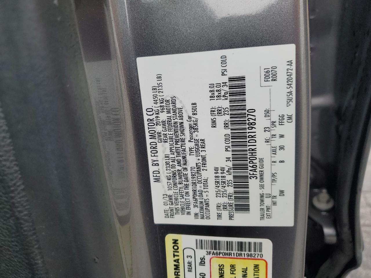 2013 Ford Fusion Se VIN: 3FA6P0HR1DR198270 Lot: 85576795