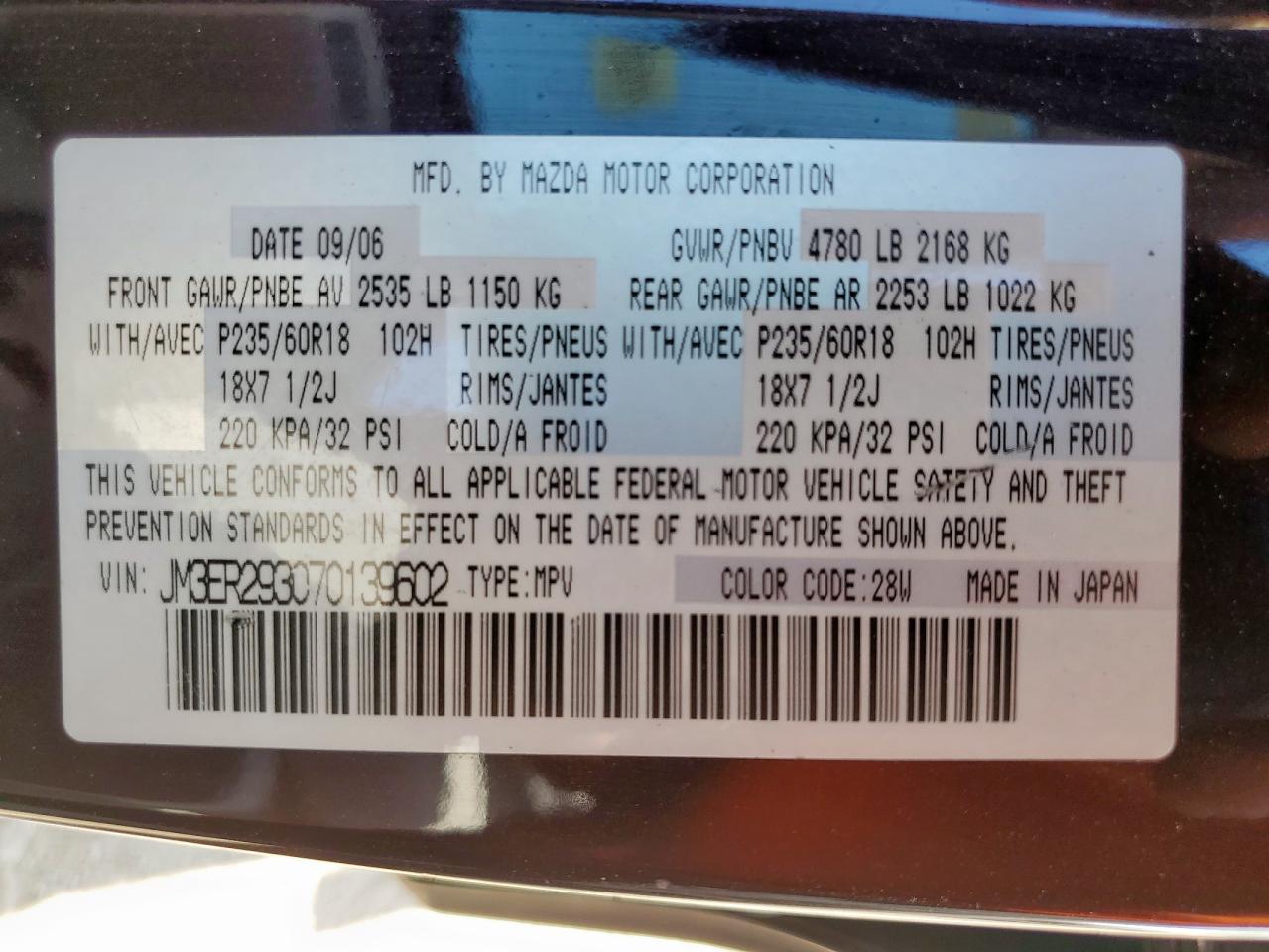 2007 Mazda Cx-7 VIN: JM3ER293070139602 Lot: 85153805