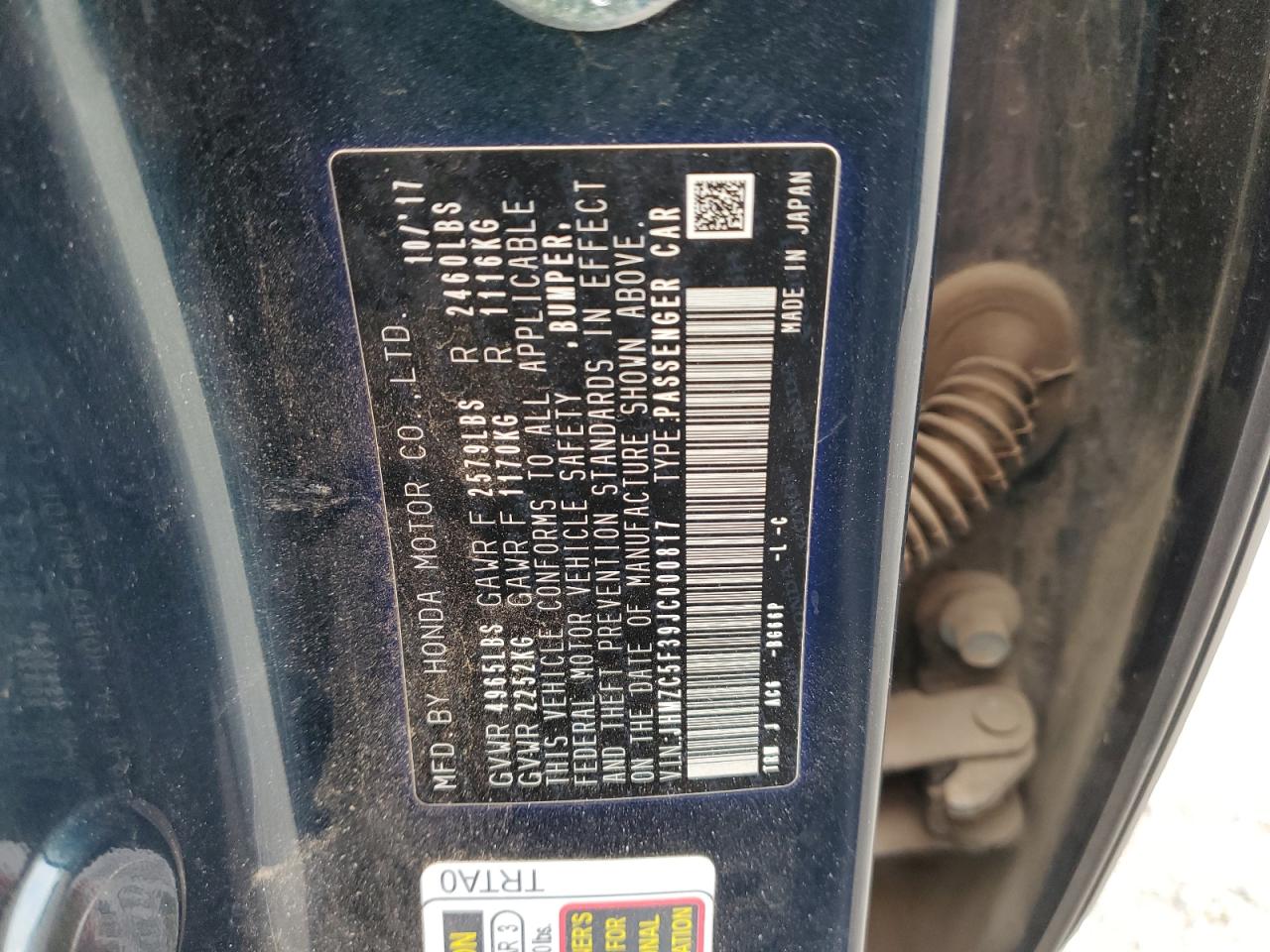 2018 Honda Clarity Touring VIN: JHMZC5F39JC000817 Lot: 85944685