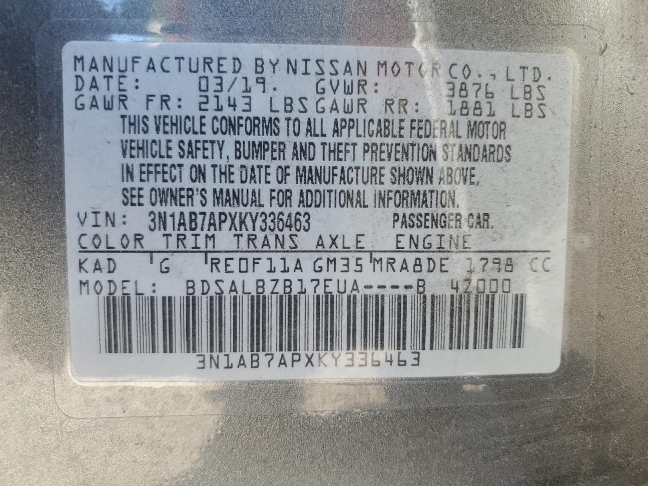 2019 Nissan Sentra S VIN: 3N1AB7APXKY336463 Lot: 85388895