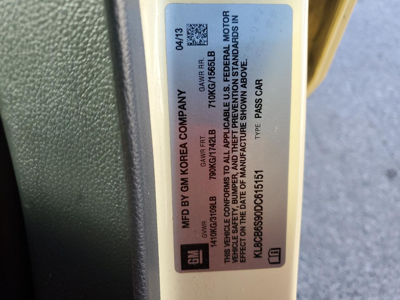 2013 Chevrolet Spark Ls VIN: KL8CB6S90DC615151 Lot: 86878145