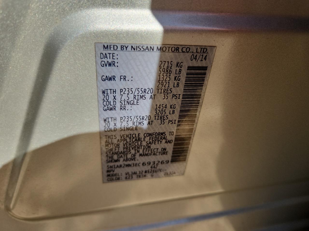 2014 Nissan Pathfinder S VIN: 5N1AR2MN3EC693269 Lot: 86452605