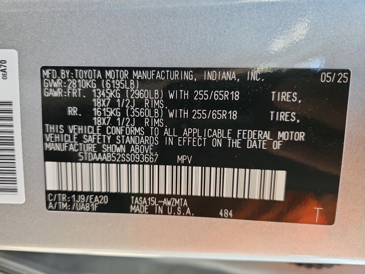 2025 Toyota Grand Highlander Le VIN: 5TDAAAB52SS093667 Lot: 84417575