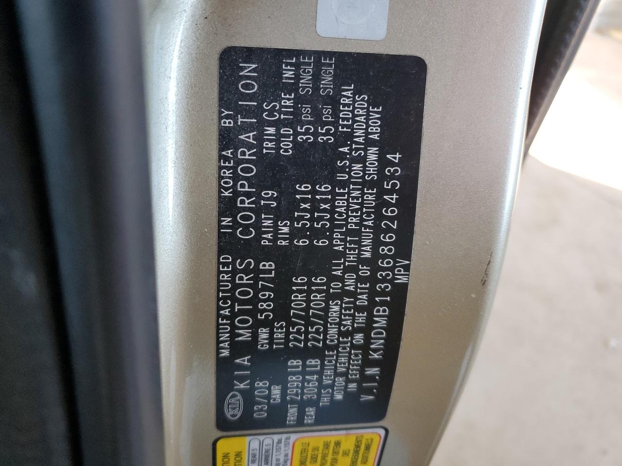 2008 Kia Sedona VIN: KNDMB133686264534 Lot: 87083855