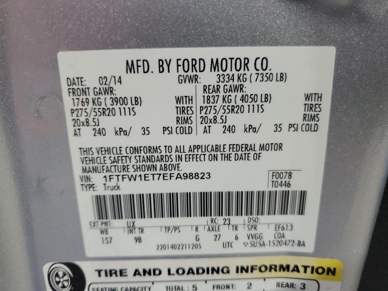 2014 Ford F150 Supercrew VIN: 1FTFW1ET7EFA98823 Lot: 90591765