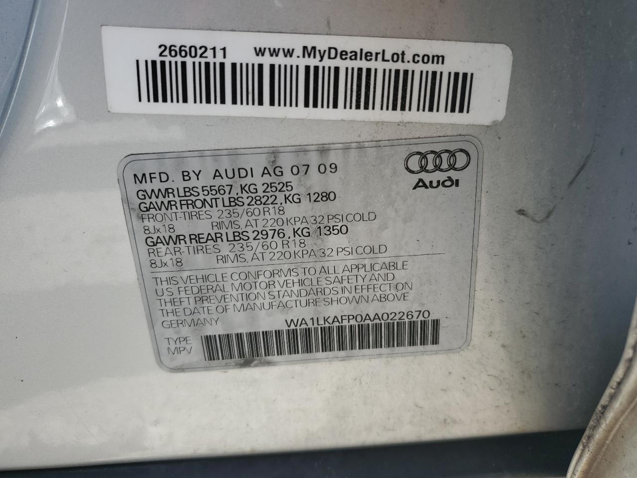 2010 Audi Q5 Premium Plus VIN: WA1LKAFP0AA022670 Lot: 85158115