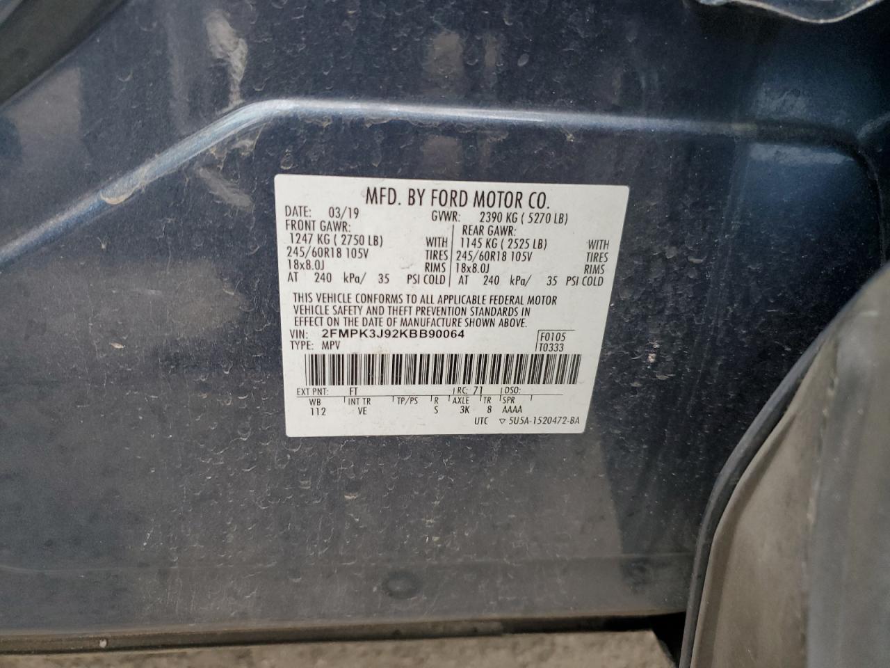 2019 Ford Edge Sel VIN: 2FMPK3J92KBB90064 Lot: 90610255