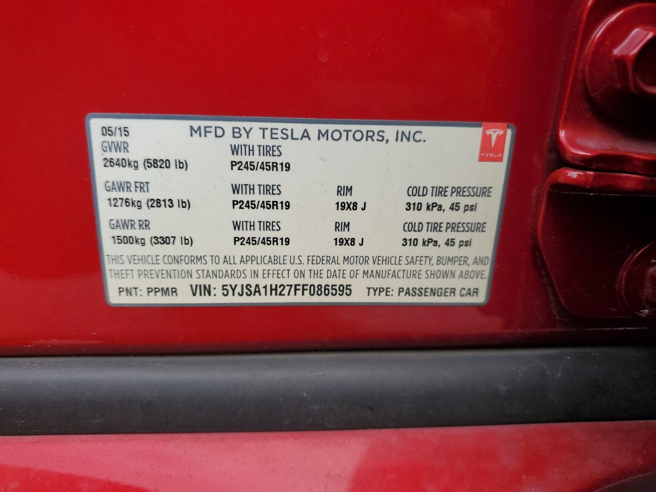 2015 Tesla Model S 85D VIN: 5YJSA1H27FF086595 Lot: 82736875