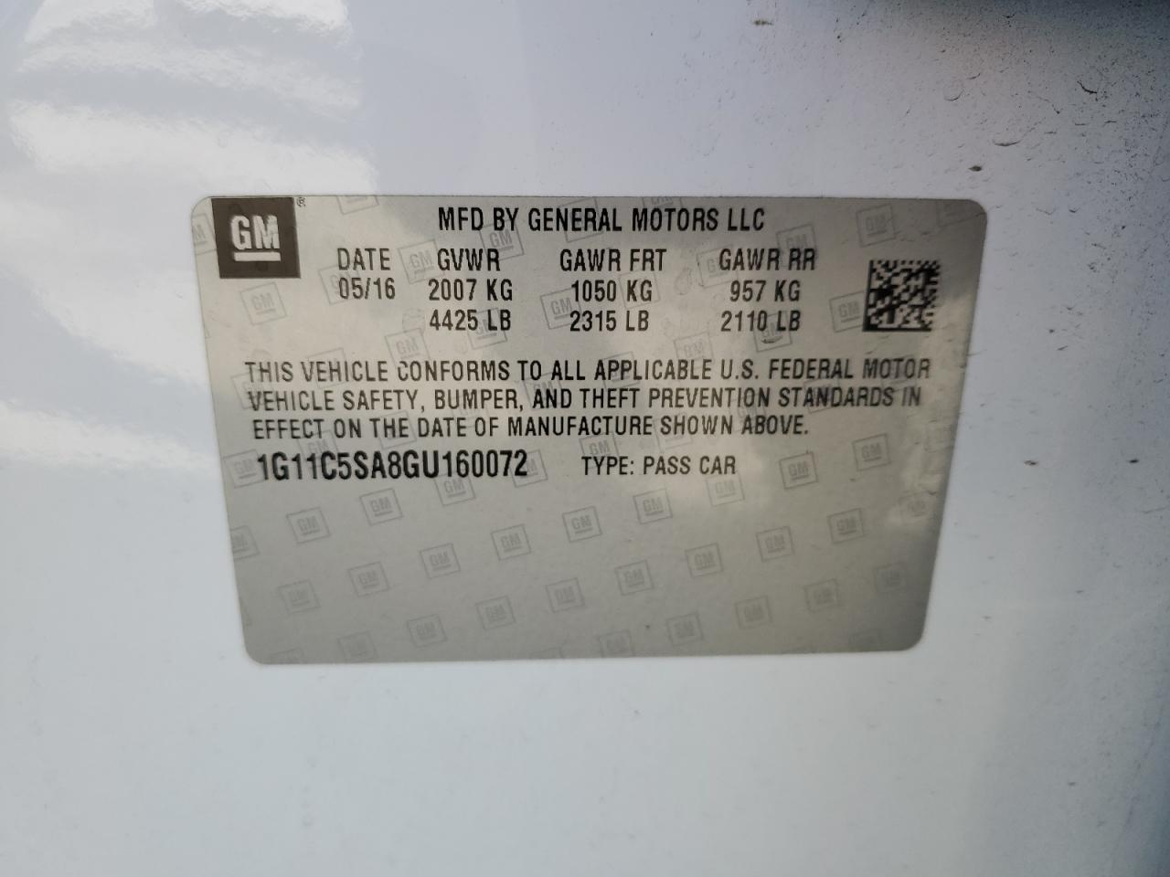 2016 Chevrolet Malibu Limited Lt VIN: 1G11C5SA8GU160072 Lot: 85368645