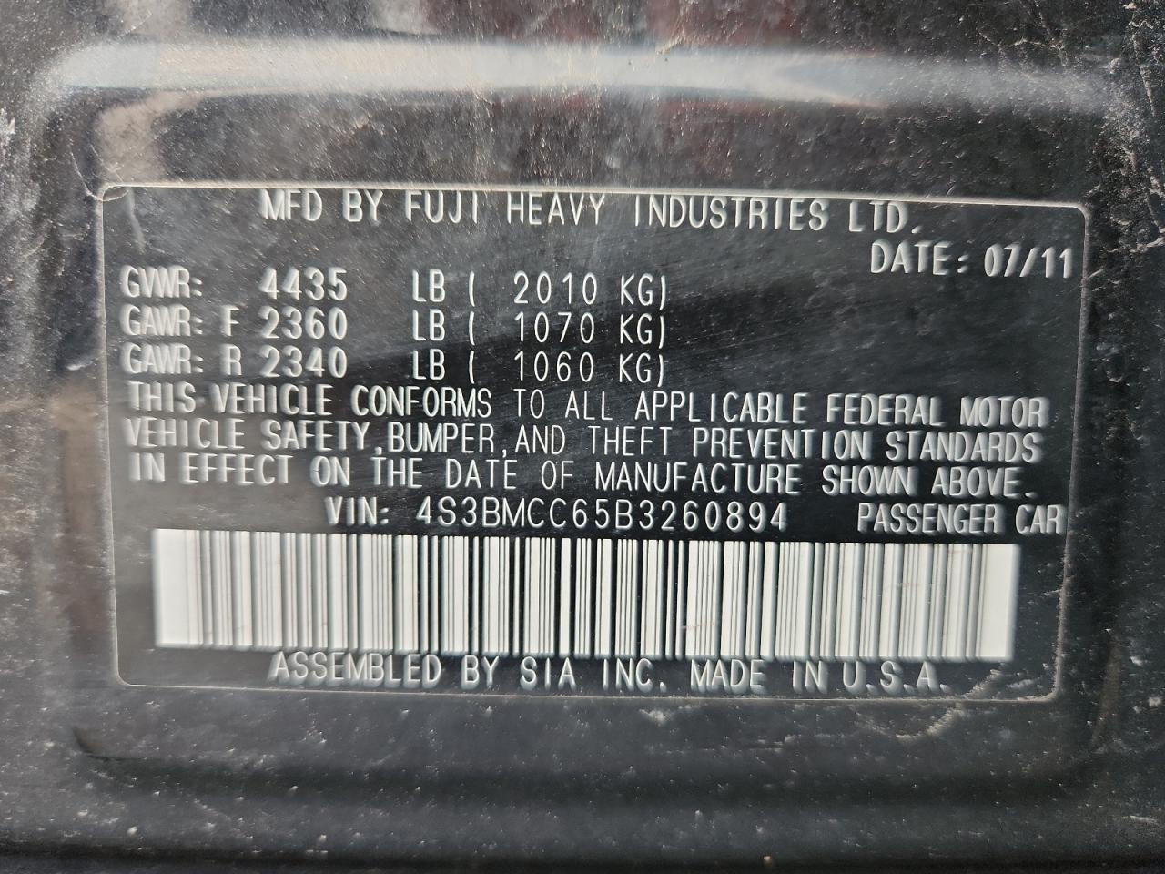 2011 Subaru Legacy 2.5I Premium VIN: 4S3BMCC65B3260894 Lot: 85201655