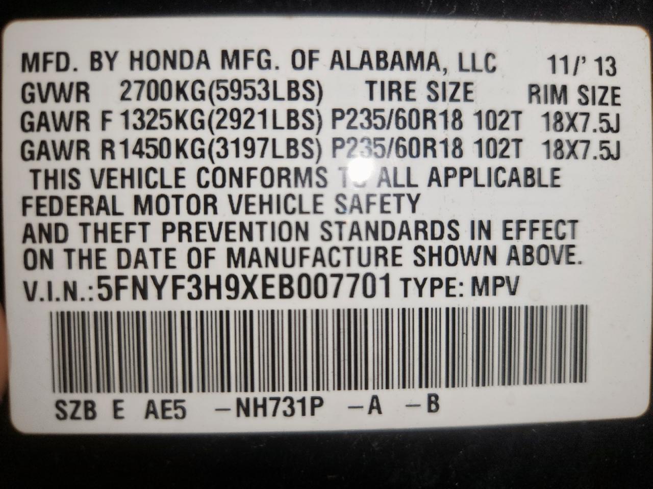 2014 Honda Pilot Touring VIN: 5FNYF3H9XEB007701 Lot: 90083335