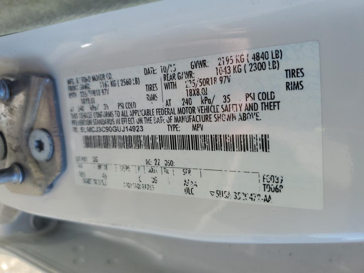 2016 Lincoln Mkc Reserve VIN: 5LMCJ3C90GUJ14923 Lot: 86153255