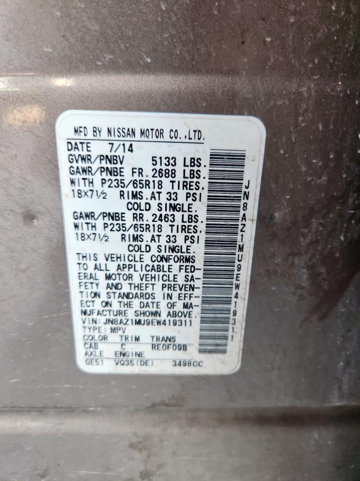 2014 Nissan Murano S VIN: JN8AZ1MU9EW419311 Lot: 85492755