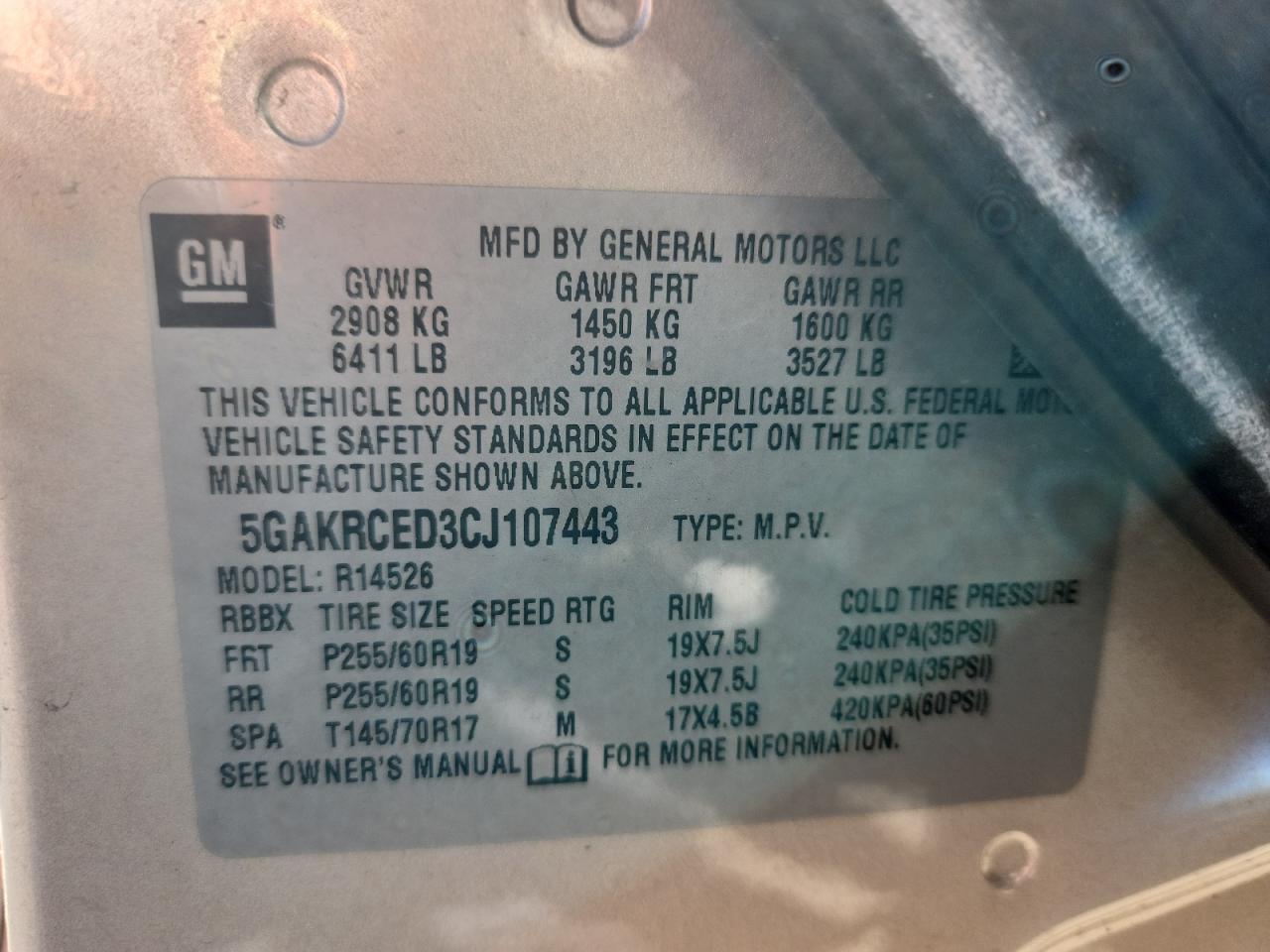 2012 Buick Enclave VIN: 5GAKRCED3CJ107443 Lot: 89677025