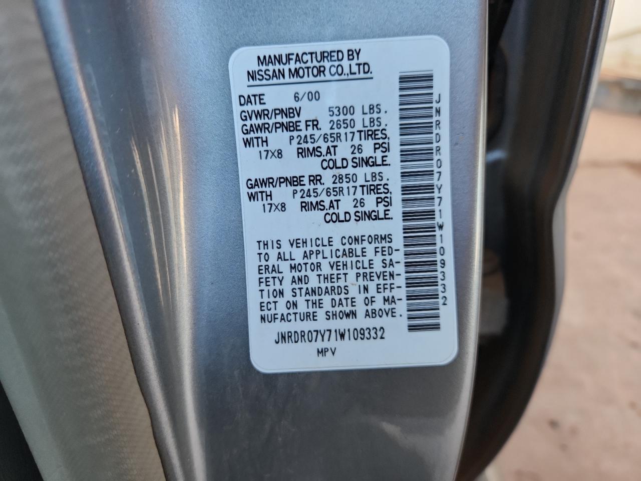 2001 Infiniti Qx4 VIN: JNRDR07Y71W109332 Lot: 82418615