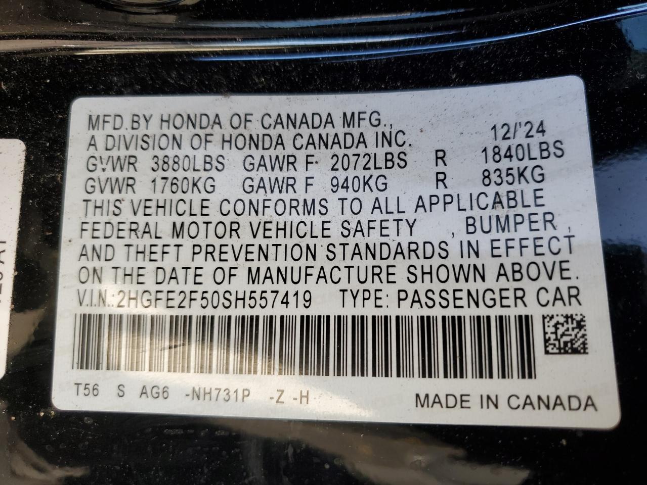 2025 Honda Civic Sport VIN: 2HGFE2F50SH557419 Lot: 85725205