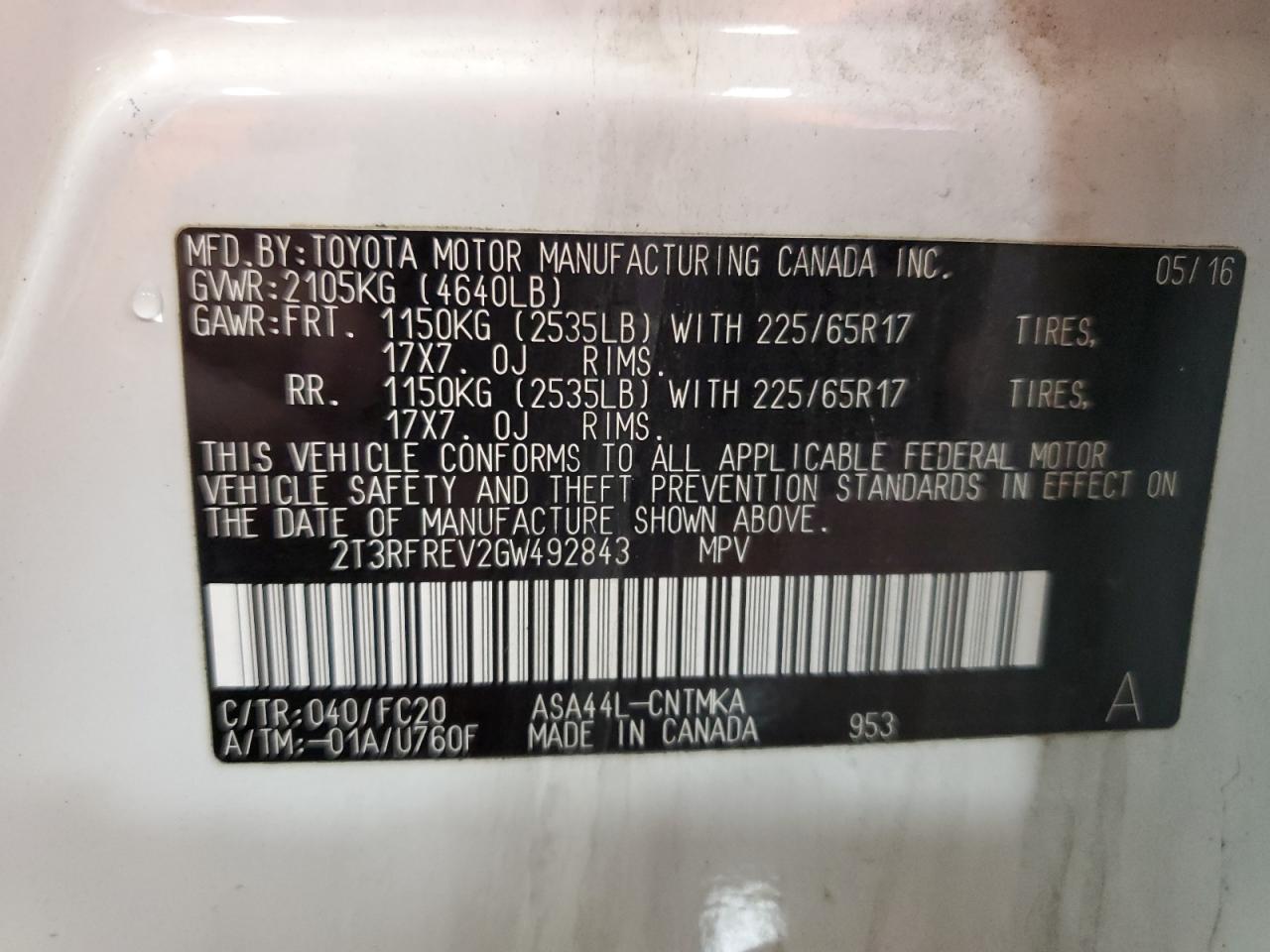 2016 Toyota Rav4 Xle VIN: 2T3RFREV2GW492843 Lot: 85095195