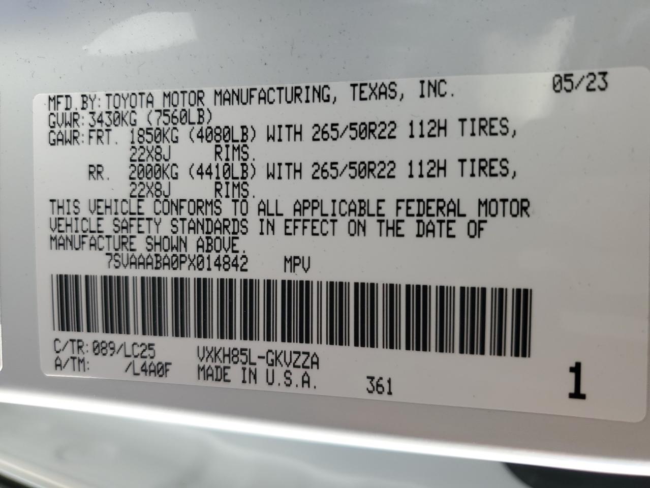 2023 Toyota Sequoia Sr5 VIN: 7SVAAABA0PX014842 Lot: 87471875