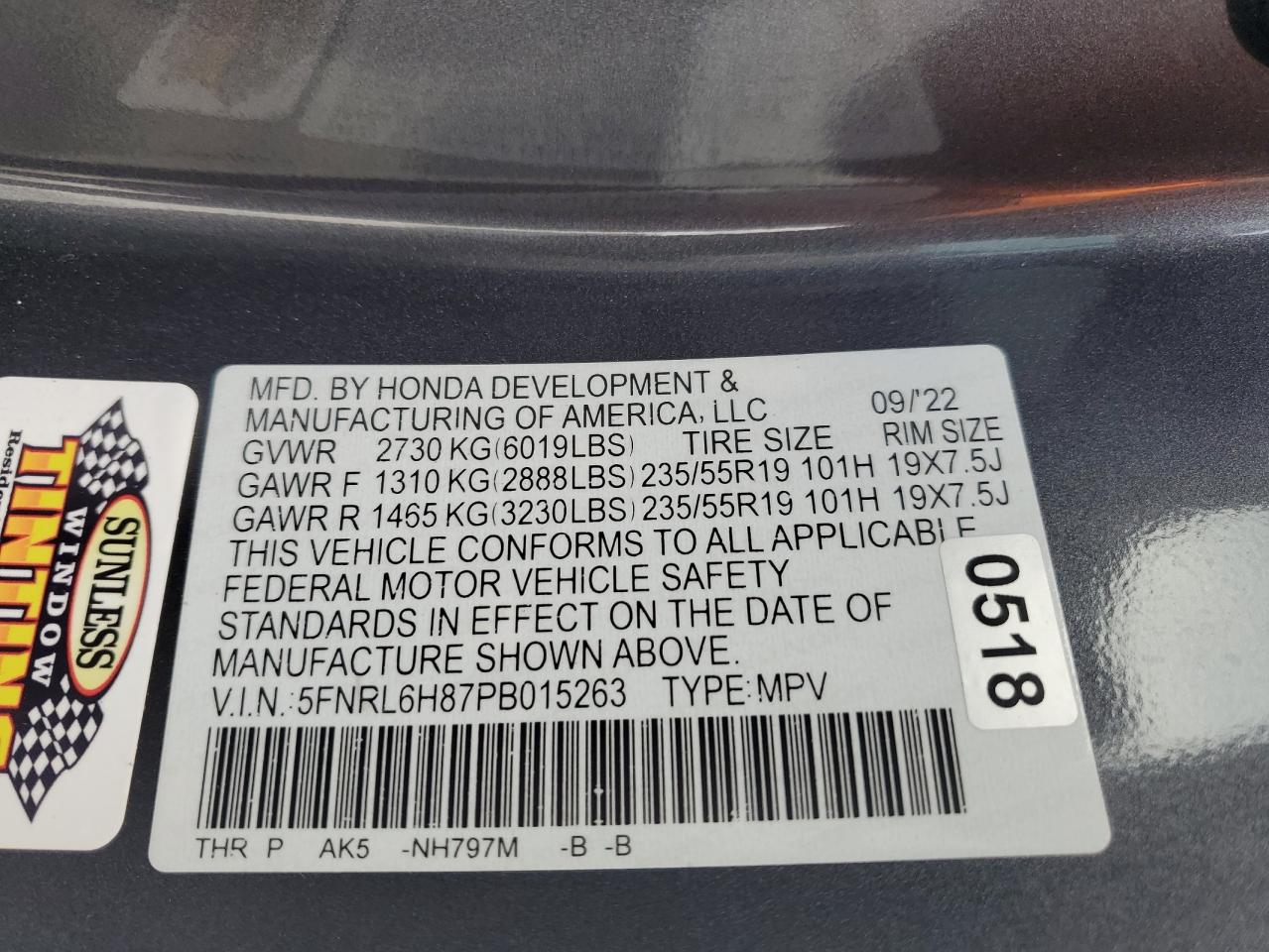 2023 Honda Odyssey Touring VIN: 5FNRL6H87PB015263 Lot: 86329635