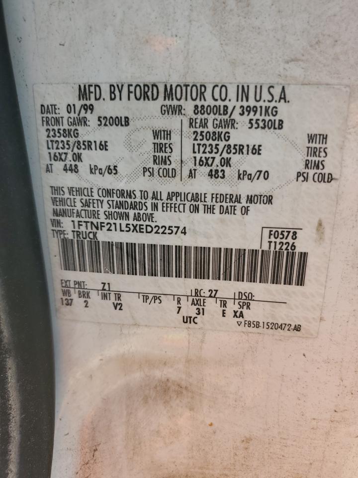 1999 Ford F250 Super Duty VIN: 1FTNF21L5XED22574 Lot: 81998095