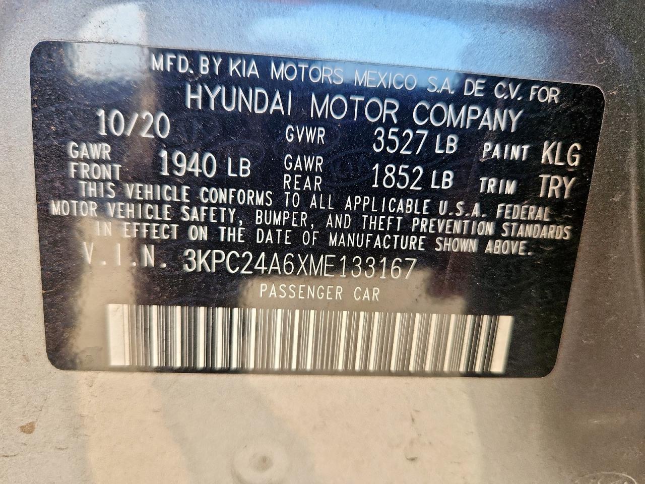 2021 Hyundai Accent Se VIN: 3KPC24A6XME133167 Lot: 86150025