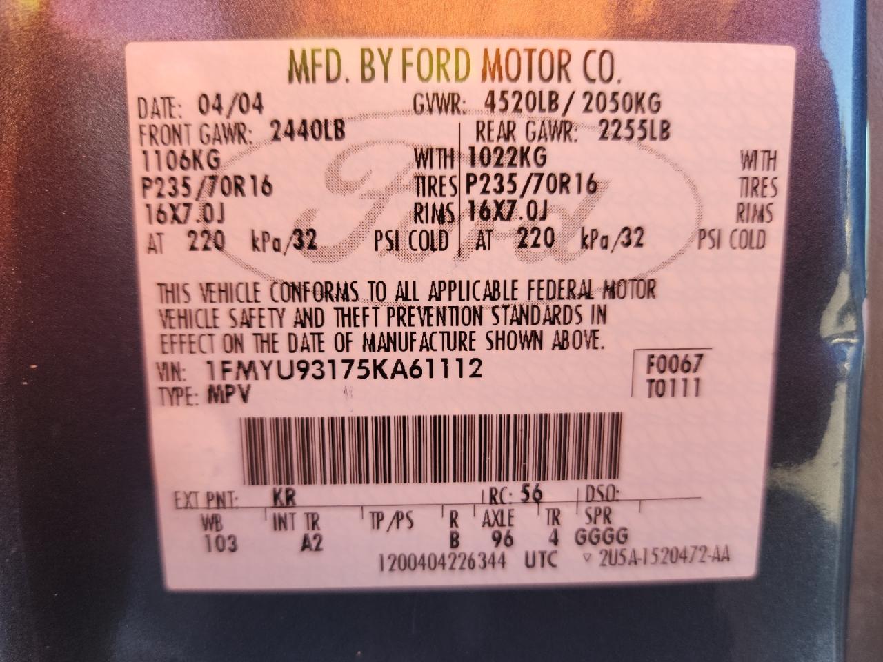 2005 Ford Escape Xlt VIN: 1FMYU93175KA61112 Lot: 86331135