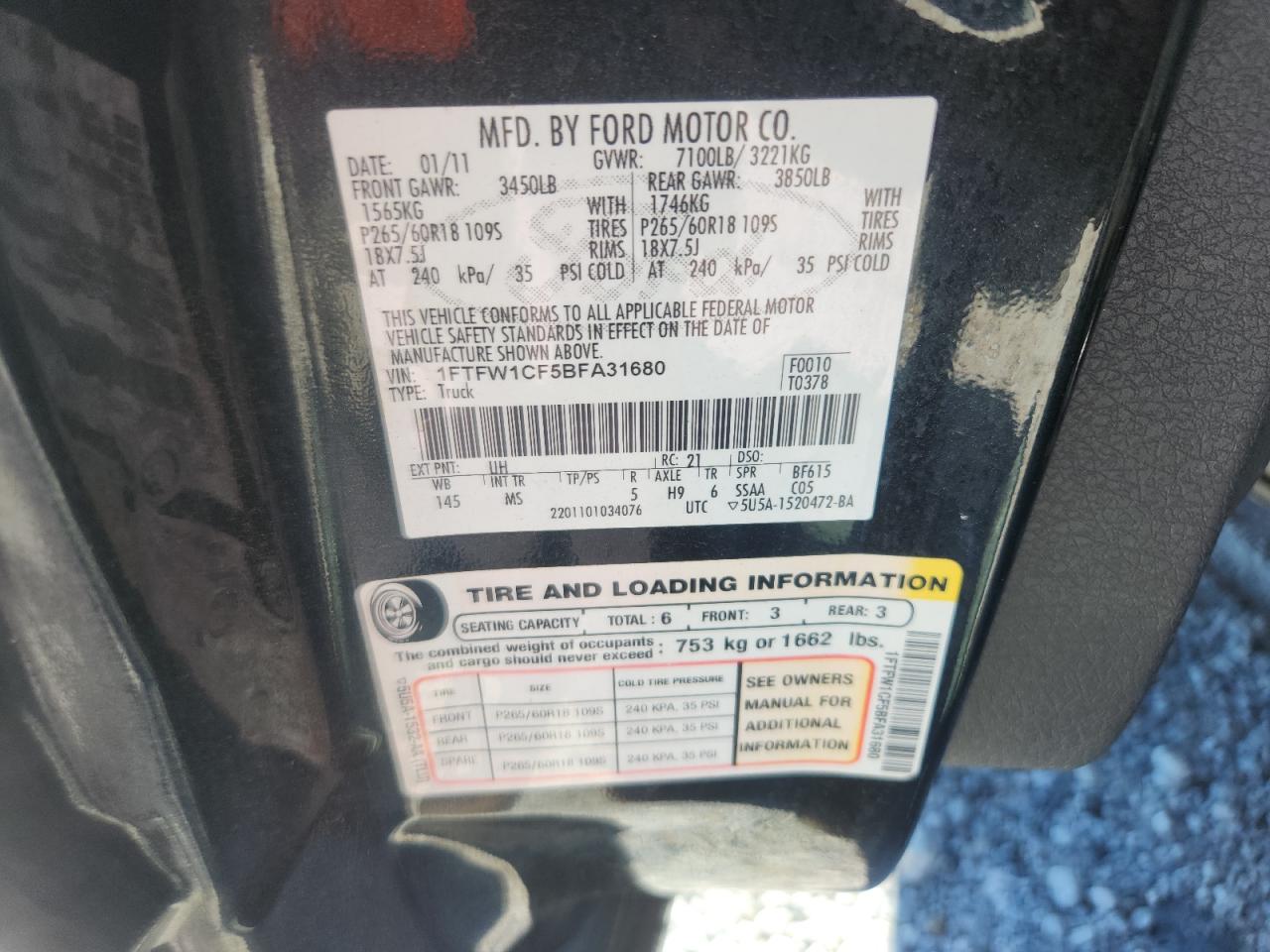 2011 Ford F150 Supercrew VIN: 1FTFW1CF5BFA31680 Lot: 85553085