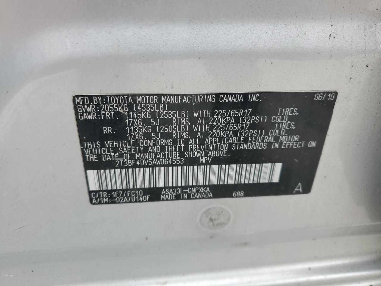 2010 Toyota Rav4 VIN: 2T3BF4DV5AW064553 Lot: 85694195