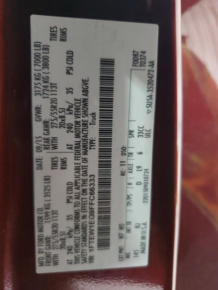 2015 Ford F150 Supercrew VIN: 1FTEW1EG9FFC66333 Lot: 90230475