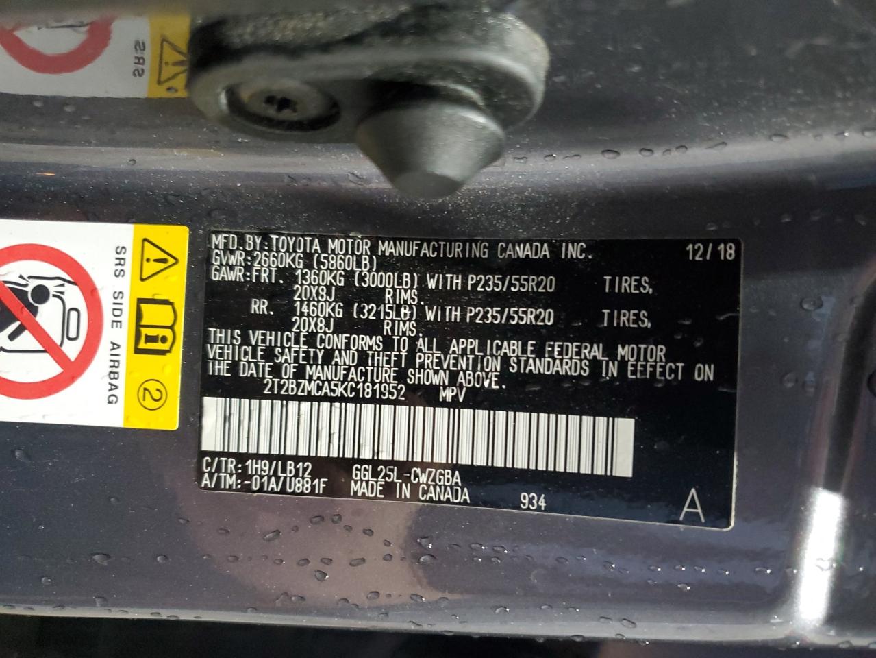 2019 Lexus Rx 350 Base VIN: 2T2BZMCA5KC181952 Lot: 85483695