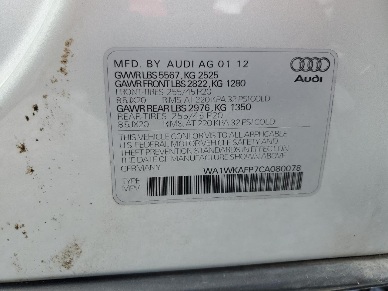 2012 Audi Q5 Prestige VIN: WA1WKAFP7CA080078 Lot: 86525135