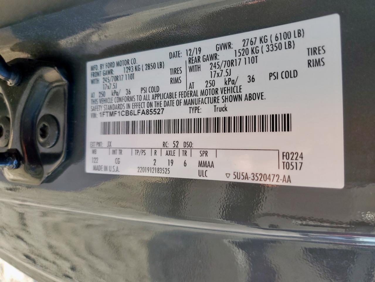 2020 Ford F150 VIN: 1FTMF1CB6LFA85527 Lot: 90721345