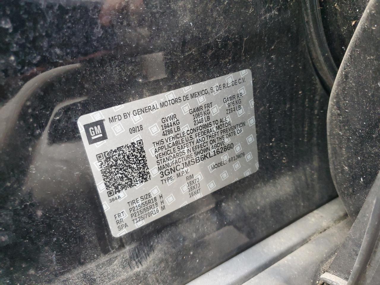 2019 Chevrolet Trax Premier VIN: 3GNCJMSB6KL162860 Lot: 90325915