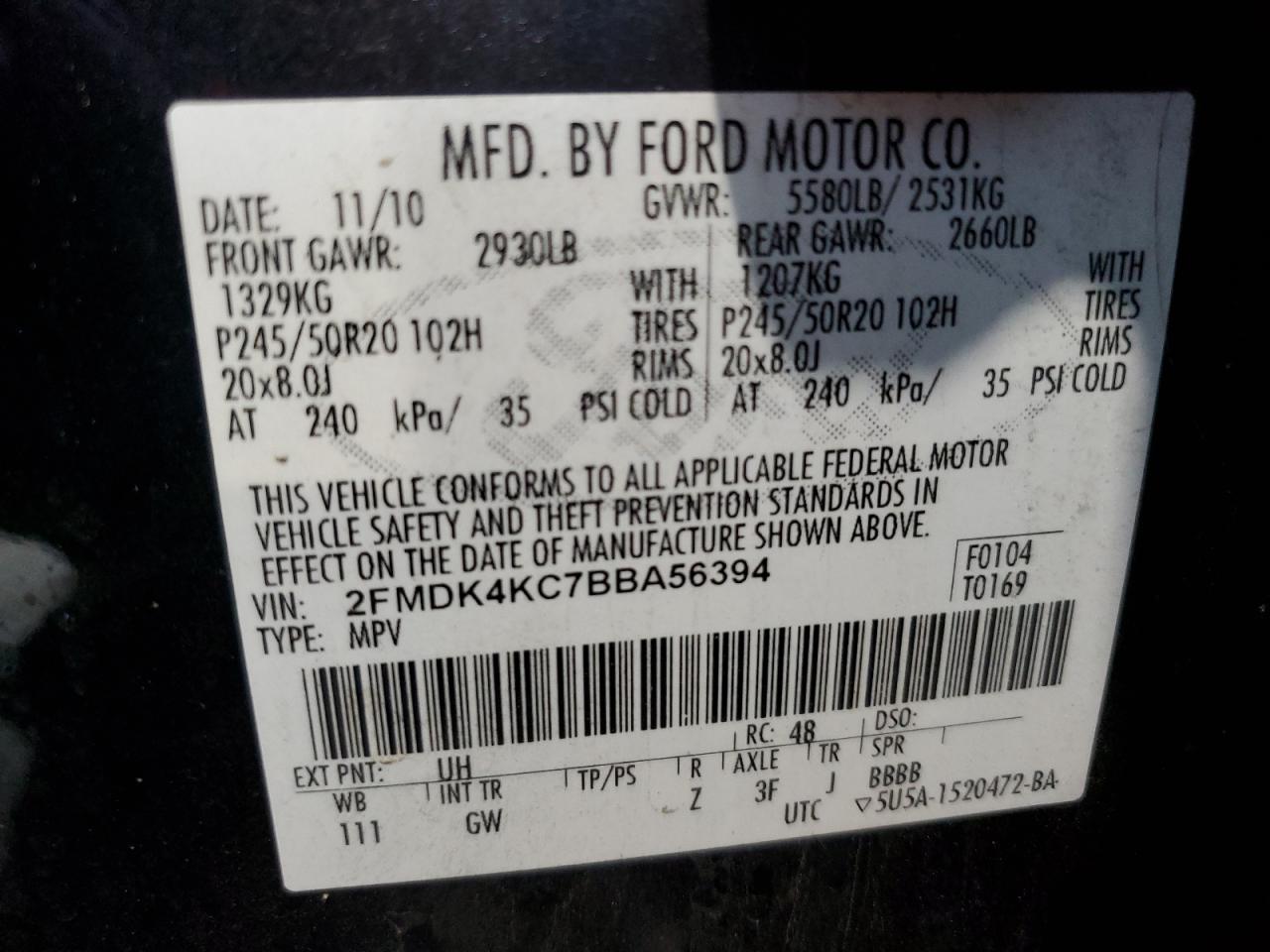 2011 Ford Edge Limited VIN: 2FMDK4KC7BBA56394 Lot: 90589125