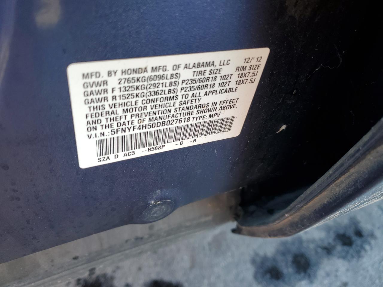 2013 Honda Pilot Exl VIN: 5FNYF4H50DB027618 Lot: 82335415