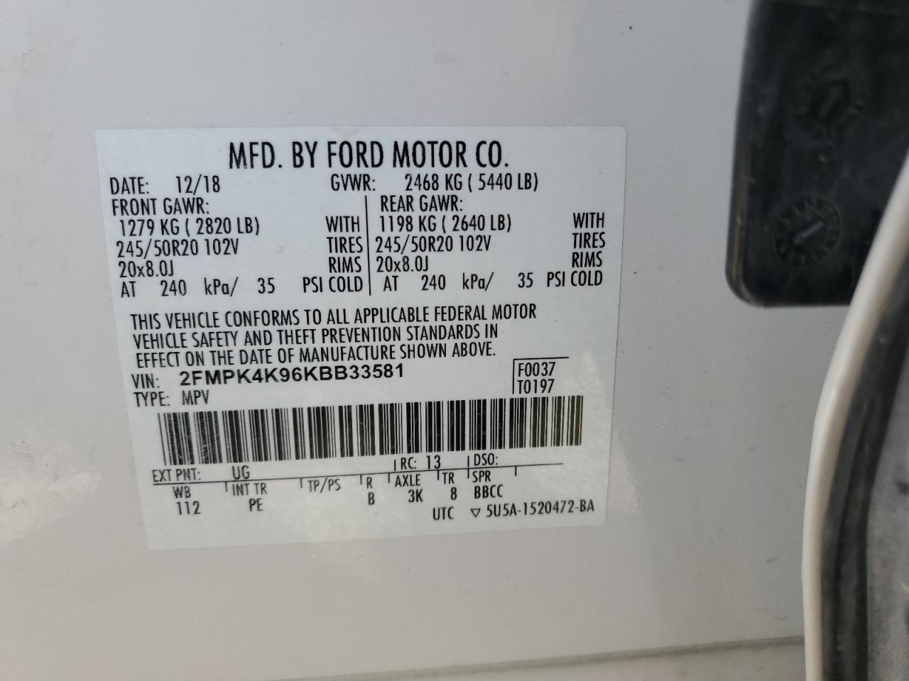 2019 Ford Edge Titanium VIN: 2FMPK4K96KBB33581 Lot: 87264235