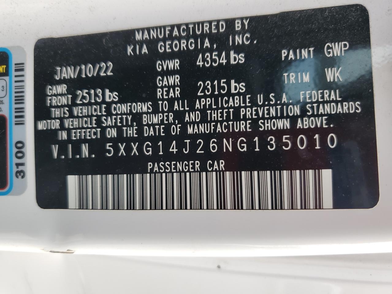 2022 Kia K5 Lxs VIN: 5XXG14J26NG135010 Lot: 87062575