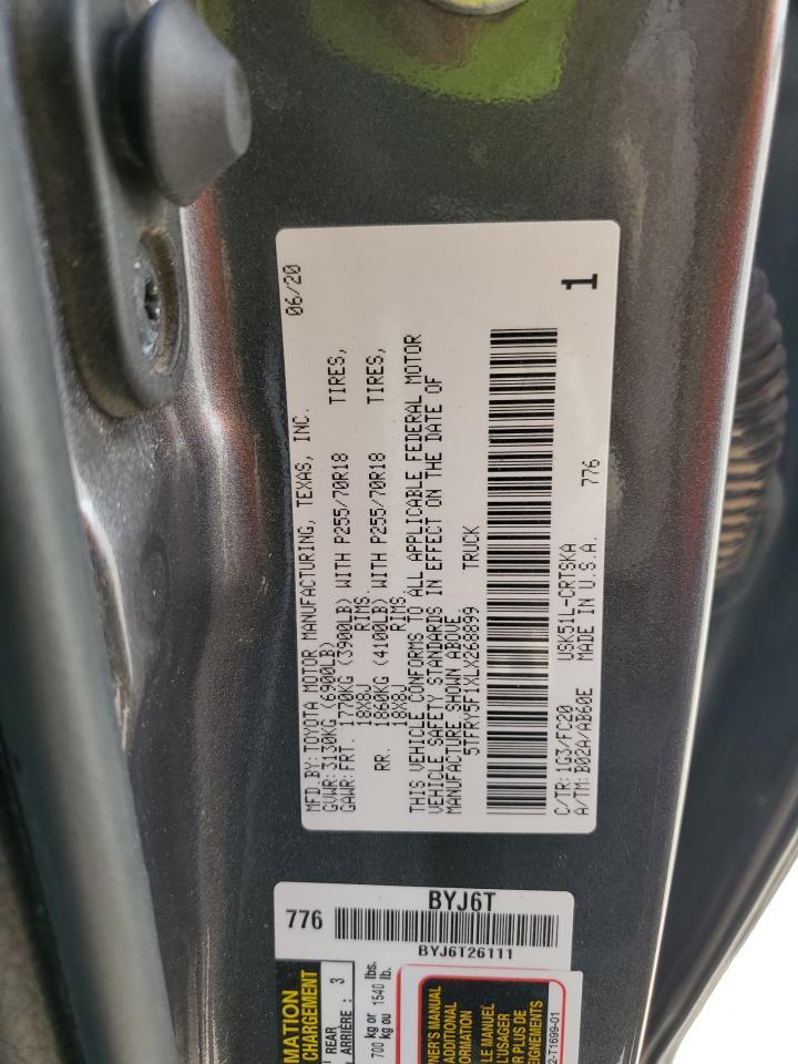 2020 Toyota Tundra Double Cab Sr VIN: 5TFRY5F1XLX268899 Lot: 82508895