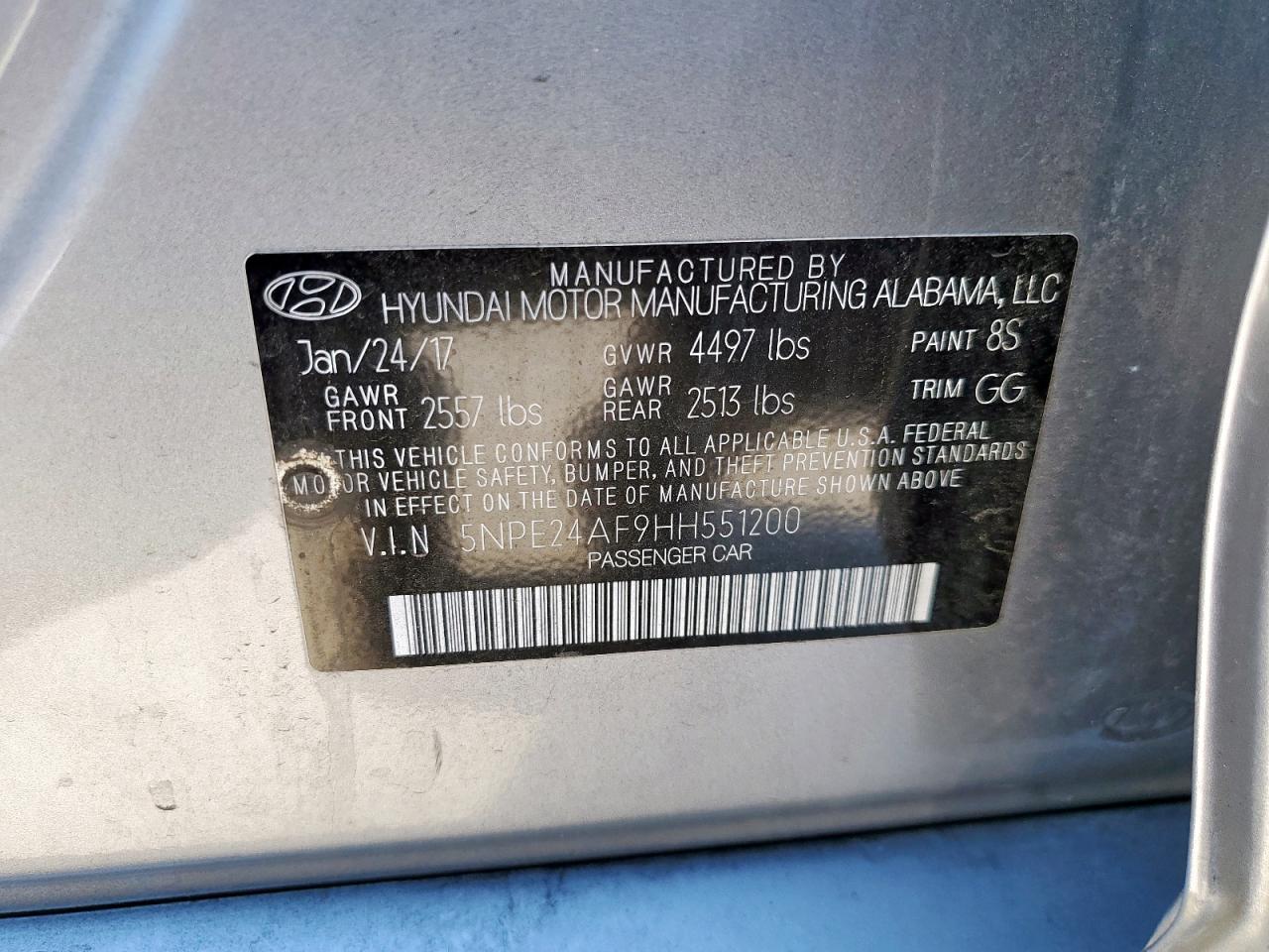 2017 Hyundai Sonata Se VIN: 5NPE24AF9HH551200 Lot: 85546195