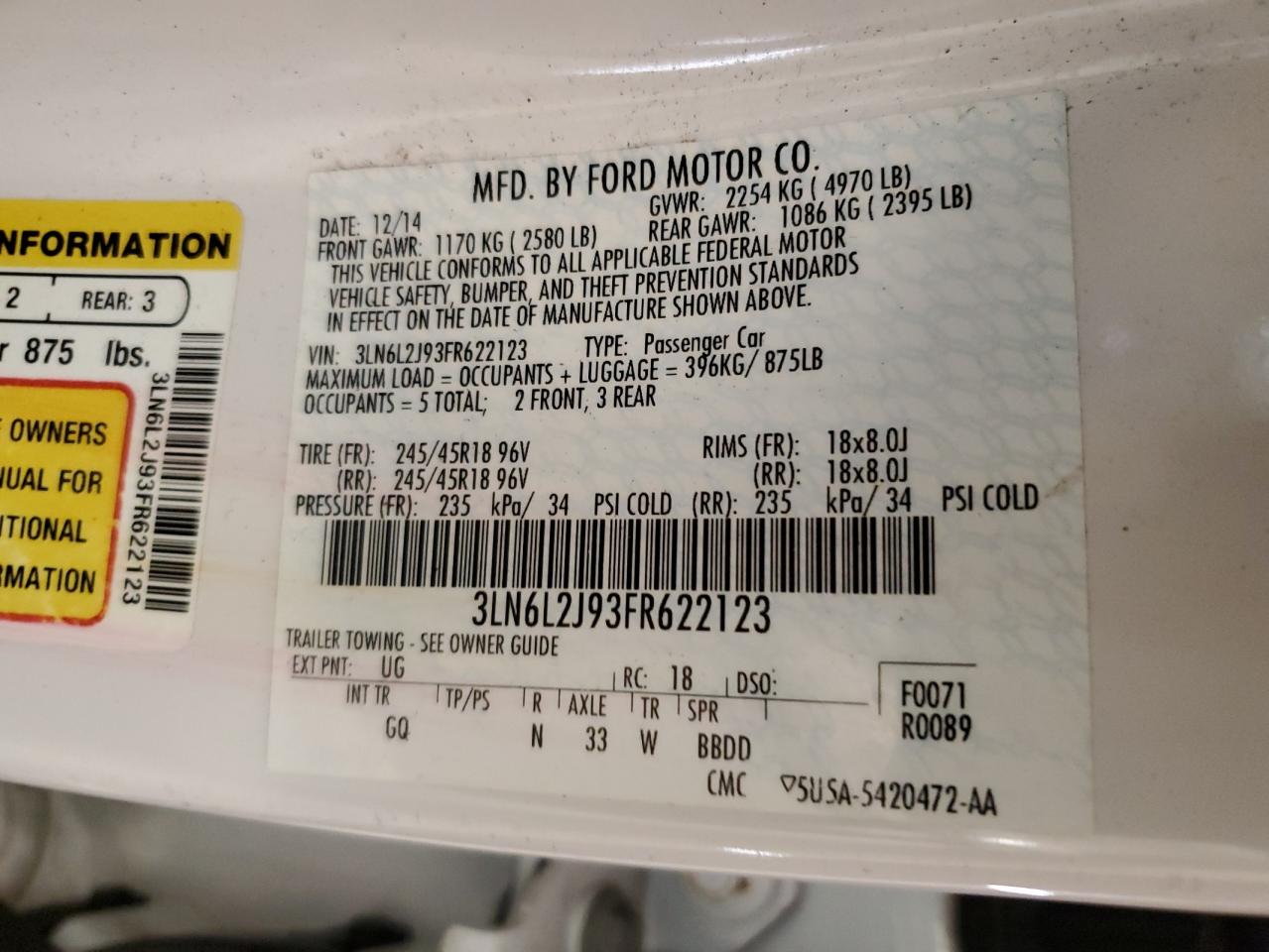 2015 Lincoln Mkz VIN: 3LN6L2J93FR622123 Lot: 81723995