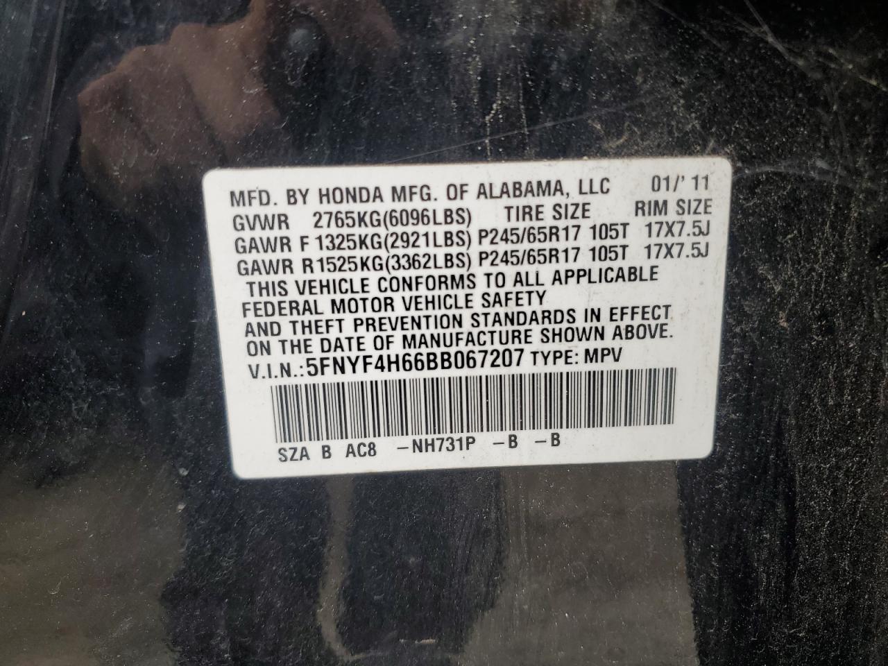 2011 Honda Pilot Exl VIN: 5FNYF4H66BB067207 Lot: 85133995