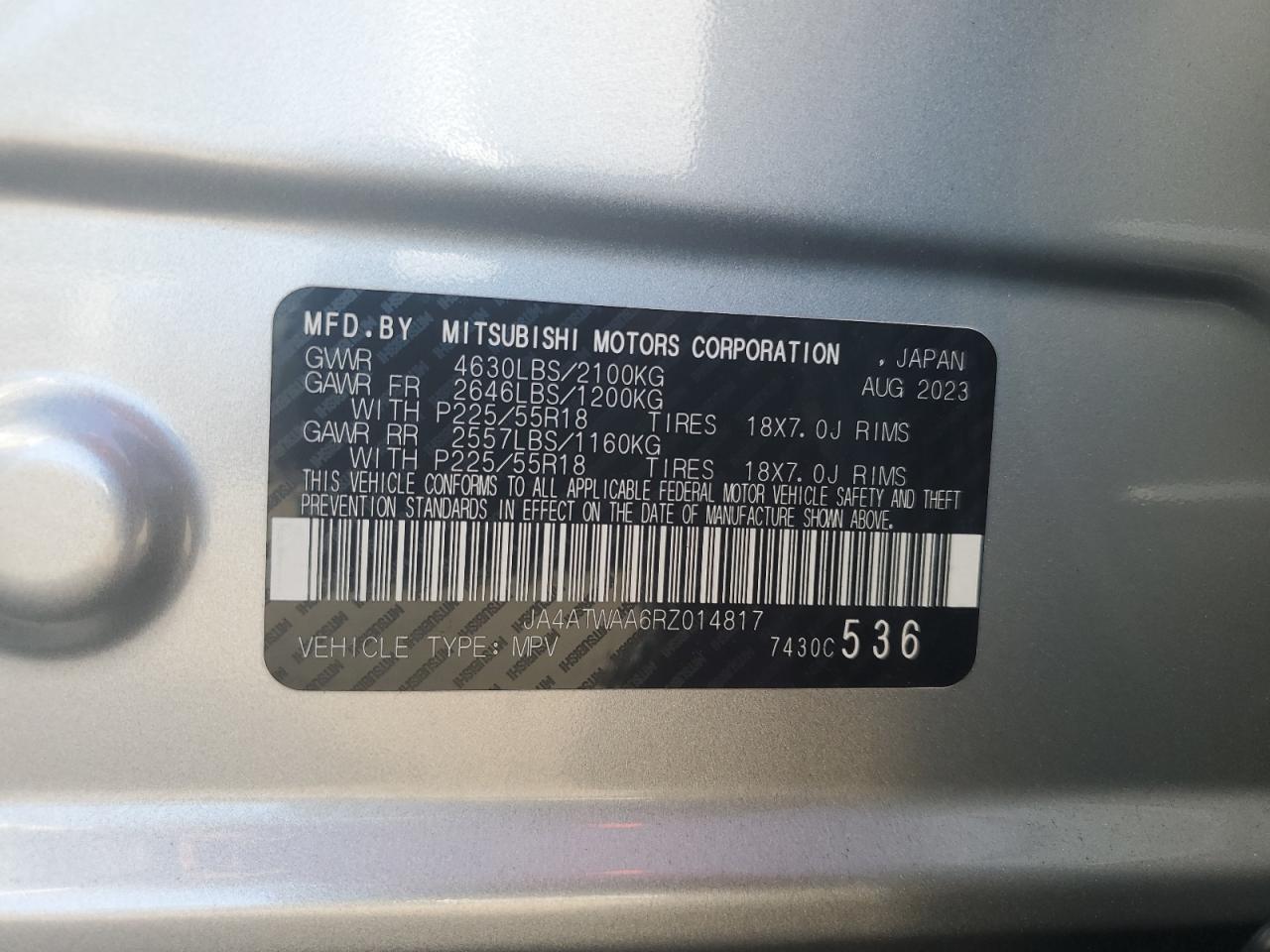 2024 Mitsubishi Eclipse Cross Se VIN: JA4ATWAA6RZ014817 Lot: 89676215