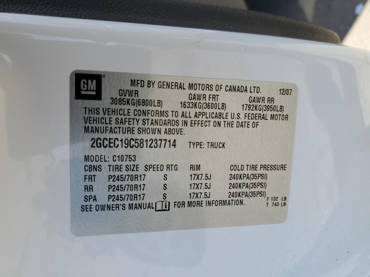 2008 Chevrolet Silverado C1500 VIN: 2GCEC19C581237714 Lot: 82337455