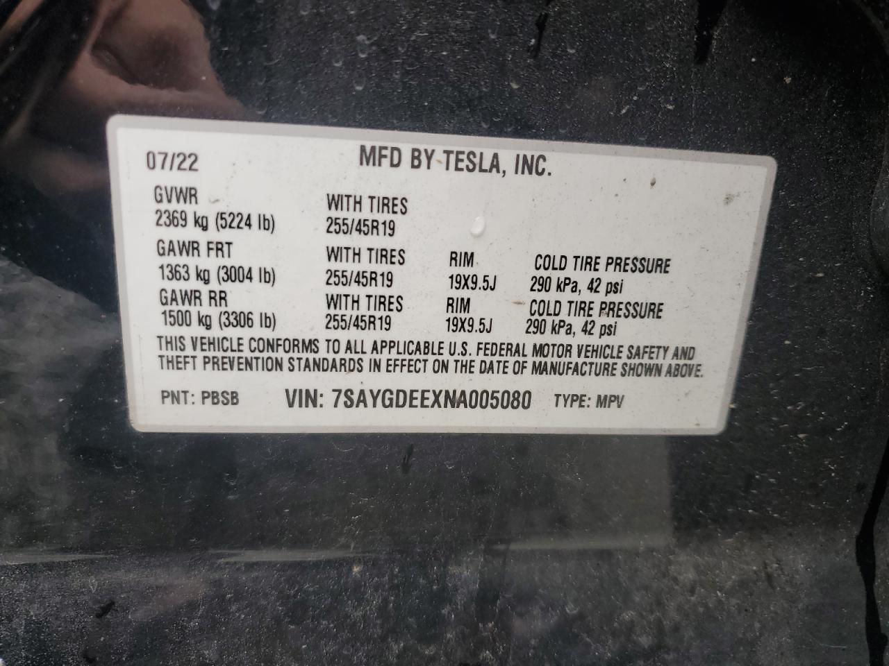 2022 Tesla Model Y VIN: 7SAYGDEEXNA005080 Lot: 85558155