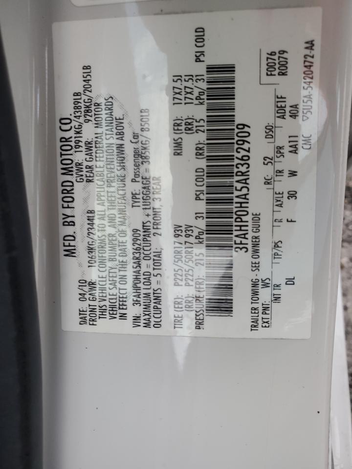 2010 Ford Fusion Se VIN: 3FAHP0HA5AR362909 Lot: 82321045