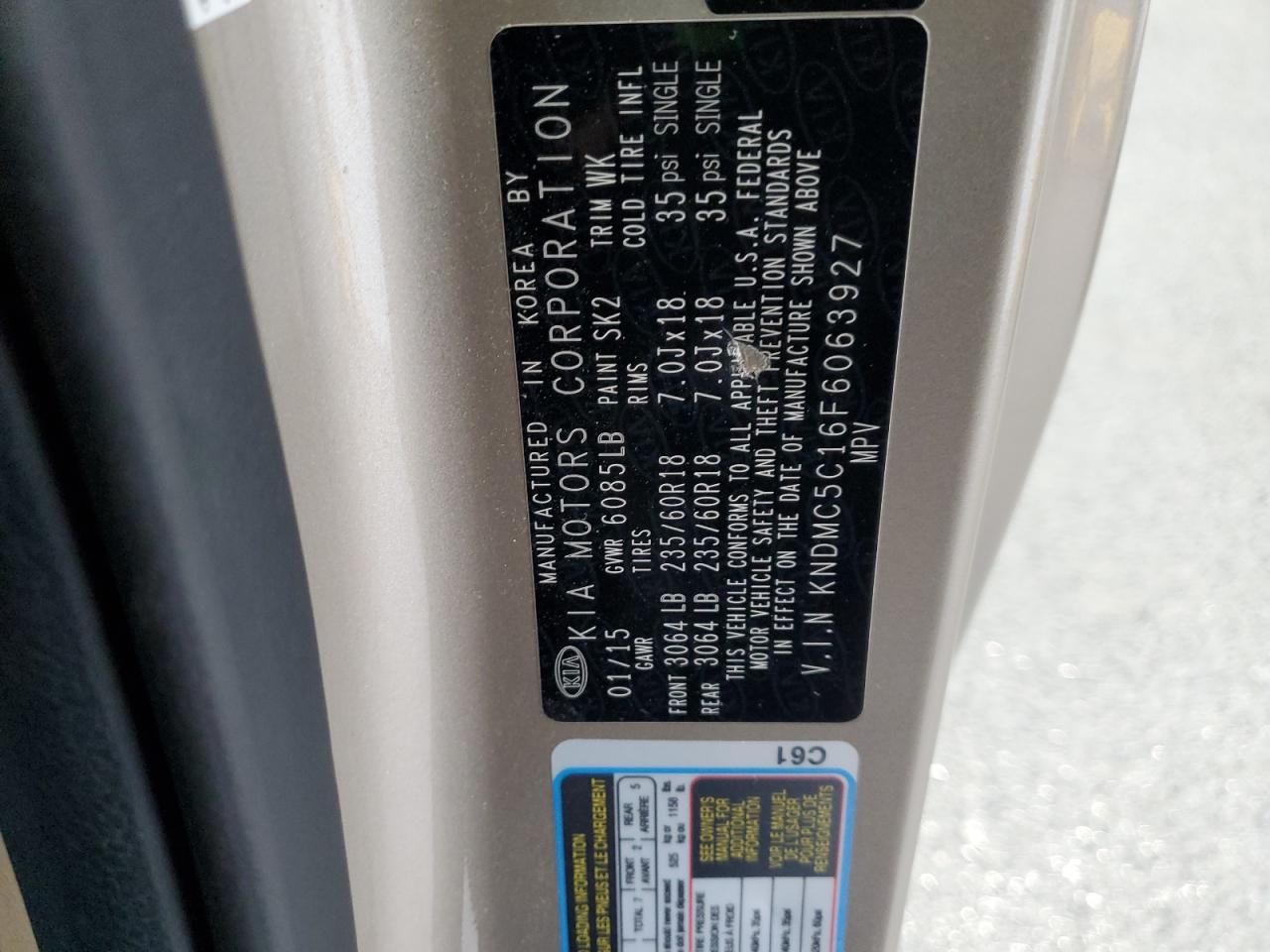 2015 Kia Sedona Ex VIN: KNDMC5C16F6063927 Lot: 90483685